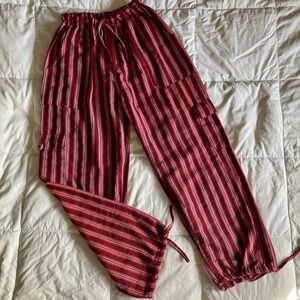 NWOT Artisan Harem Boho Cargo Pant Red Multi Stripe Wood Button Women M Festival